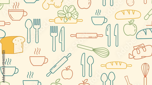 Kitchen Utensils and Ingredients Pattern, Food Illustration, Creative Design, Vibrant Colors, Artistic Viewpoint, Cooking Concept