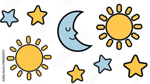 Playful Suns and Moon Illustrations, Cheerful Celestial Theme, Graphic Art, Colorful Design Environment, Whimsical Viewpoint
