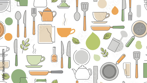 Creative Kitchen Utensils Illustration, Culinary Art, Home, Graphic Design, Minimalist Style, Top View, Modern Aesthetic