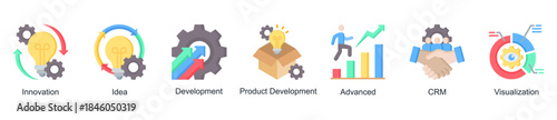 Innovation and development web banner icon vector illustration for creative growth with innovation, ideas, visualization, advanced tools, CRM, and product development icons.