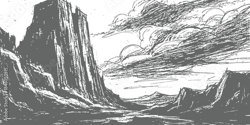 Dramatic Hand Drawn Canyon Landscape Vector Sketch with Towering Cliffs and Stormy Sky Gray Scale Illustration