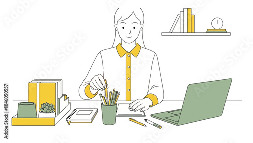 Illustration of a woman at her desk working with a laptop and stationary for work