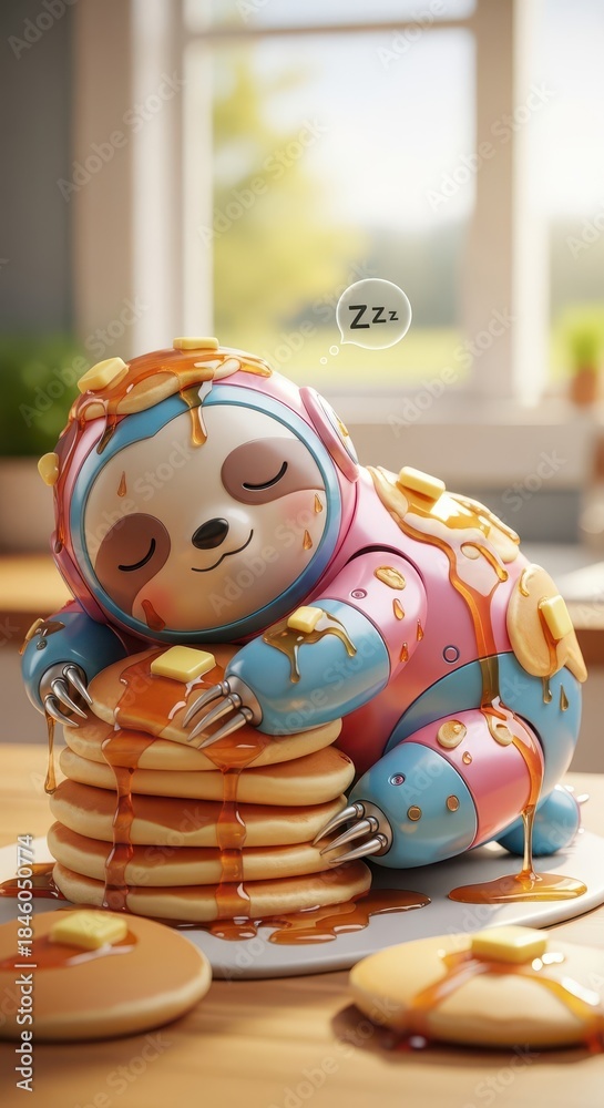 Obraz premium Adorable robotic sloth character sleeps soundly atop a large stack of syrup-drenched pancakes.