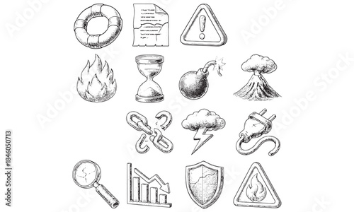 Risk Management Crisis Danger Icons Vintage Sketch Set