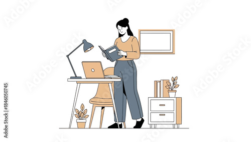 Illustration of a woman reading a book at her desk in a minimalist home office setup