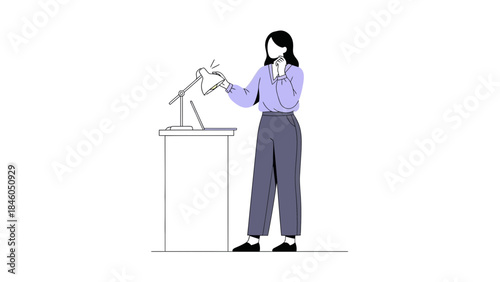 Illustration of a woman with a table lamp and laptop on a white background