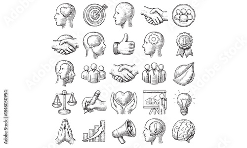 Business Partnership Success Icons Vintage Sketch Set