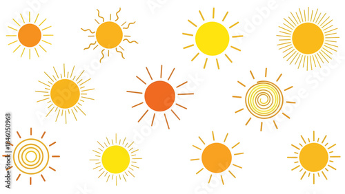 Diverse Sun Illustrations, Vibrant Colors, Graphic Design, Creative Artwork, Bright Environment, Abstract Viewpoint