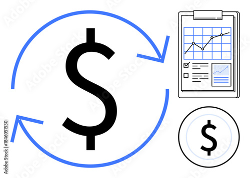 Economic trends, financial growth, business cycles, investment strategies, revenue management, corporate analysis. Dollar sign in circular arrows, graph on clipboard. Financial growth and business
