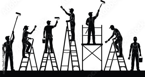 Construction workers painting at height silhouette illustration, teamwork on ladders and scaffolding, black and white labor industry concept design