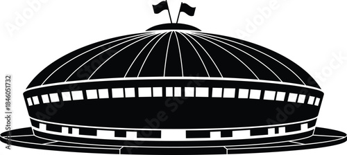 Futuristic stadium or arena silhouette with domed roof and flags, black and white modern sports architecture icon illustration