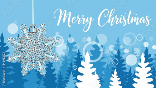Detailed illustration of a crystal snowflake ornament hanging over a blue winter forest silhouette with bokeh lights, concept for Christmas card, holiday banner and seasonal marketing