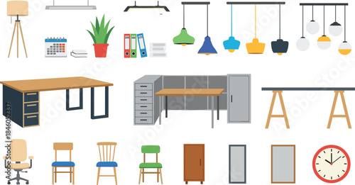 Comprehensive collection of modern office and home furniture, stylish interior decor elements, lighting fixtures, and essential workspace accessories in a clean flat design vector illustration set