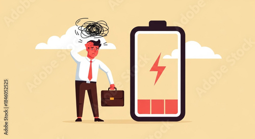Frustrated businessman experiencing low energy with depleted battery icon, concept of exhaustion and stress in office environment, flat illustration