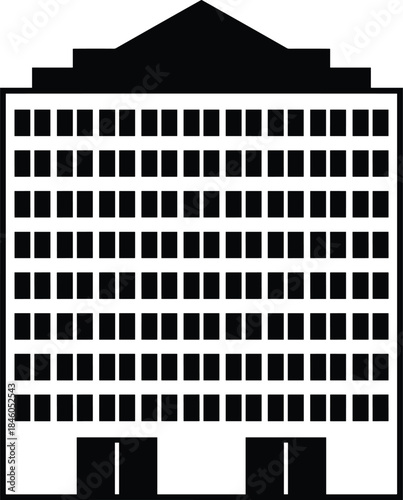 Office or apartment building silhouette illustration with repetitive windows, black and white modern urban architecture icon isolated background design