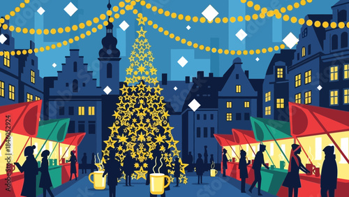 Flat design of a festive Christmas market in a European city square at night with a large star-shaped tree and vendor stalls, concept for holiday cards, winter advertising and seasonal event promotion