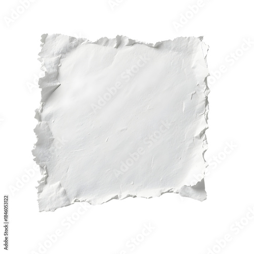 Realistic torn white paper texture with rough edges, vintage ripped paper square background, minimalist design element, blank paper frame isolated on white