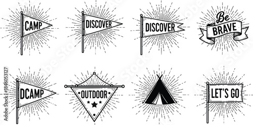 Vintage hand-drawn outdoor adventure graphics set. Features camp flags, discovery pennants, inspirational banners, and a classic tent silhouette for exploration