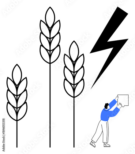 Agriculture challenges. Agriculture highlighted with wheat stalks and a lightning bolt climate issues. Agriculture resilience portrayed with an individual human effort. For sustainability