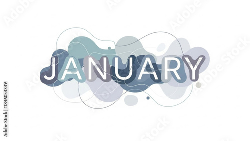 January month name in white text with modern blue and gray abstract shapes on white background for calendar or seasonal design