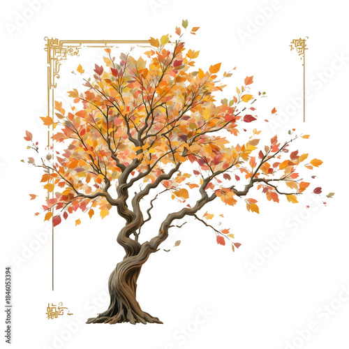 Autumn tree with golden and orange leaves, seasonal nature illustration isolated on white background, fall landscape concept symbolizing harvest, change and calm