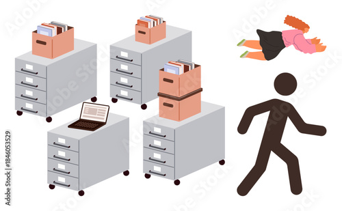 Office filing cabinets stacked with documents and a laptop, a walking figure, and a fallen person. Ideal for workplace stress, organization, workflow, accidents, responsibility, safety simple flat