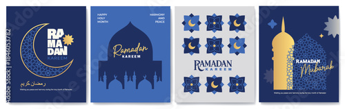 Islamic festival poster background design with mosque, flower, arabic calligraphy, crescent moon and lantern. Suitable for Ramadan Kareem , Hari Raya, Eid Mubarak, Eid al Adha.
