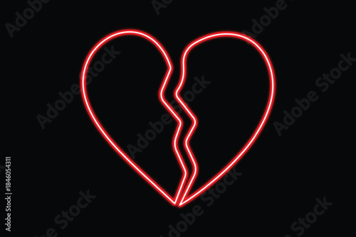 A striking illustration of a broken heart glowing in vibrant red neon light on a dark backdrop