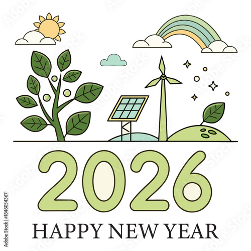 Happy new year 2026 green future and renewable energy illustration