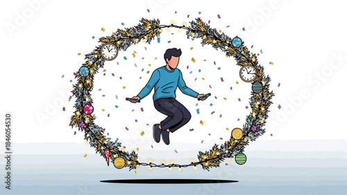 Illustration of a man skipping rope inside a festive New Year wreath with clocks and confetti on white background, concept for setting resolutions, health goals and holiday promotions