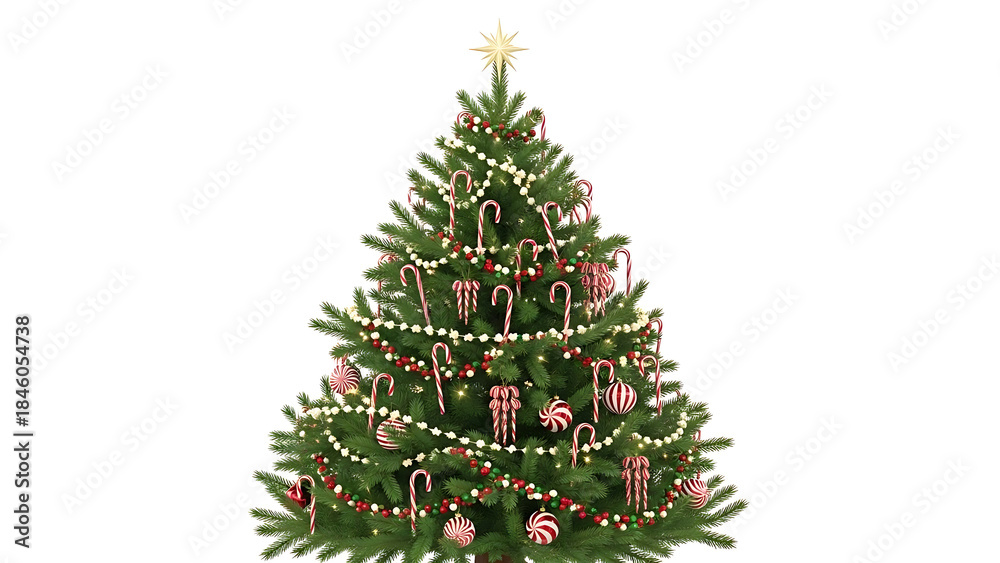 Fototapeta premium Garland and Candy Cane Adorned Pine Tree on White Background Copy Space View