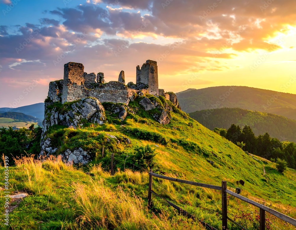 Obraz premium Ancient castle ruins atop a green hill bathed in golden sunlight