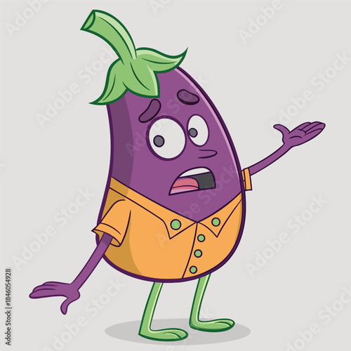 Cartoon eggplant character expressing shock and confusion on isolated background