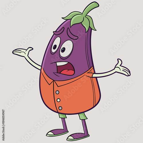 Confused eggplant character shrugging with open arms, expressing surprise