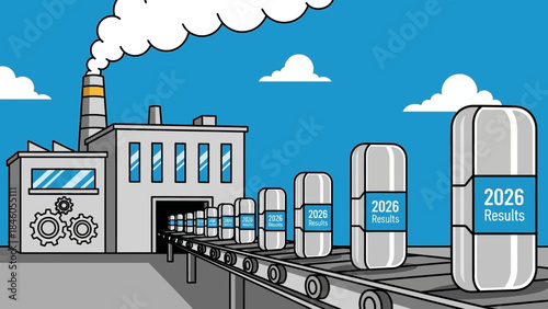 Cartoon factory producing increasing '2026 Results' packages on a long conveyor belt, concept for business strategy, annual performance reporting and exponential financial growth