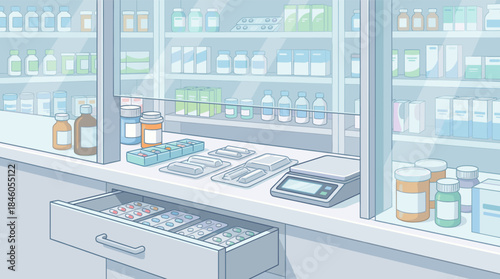 Pharmacy counter with medication and supplies on shelves