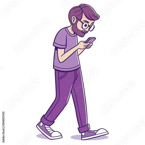 Flat illustration of bearded man walking and texting on smartphone device