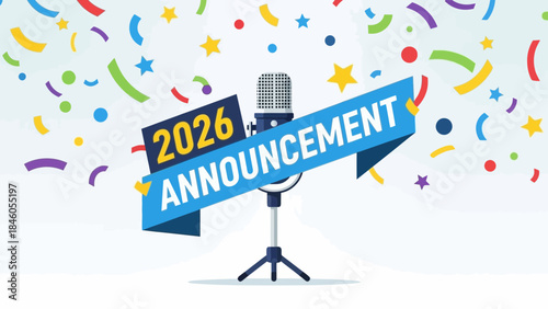 Colorful vector graphic showing a studio microphone, a 2026 ANNOUNCEMENT ribbon banner and celebratory confetti, concept for year-end promotions, business updates and new year celebrations