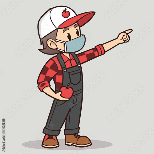 Cartoon farmer in mask and overalls holding an apple and pointing, fresh produce