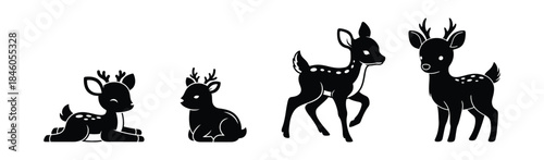 Charming Black Deer Icons Fawn and Young Buck Silhouette Vector Set