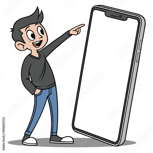 Happy cartoon boy pointing at a huge blank smartphone screen for content