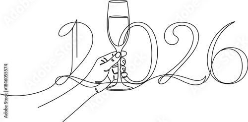 Line art drawing of year 2026 with champagne toast isolated on white background