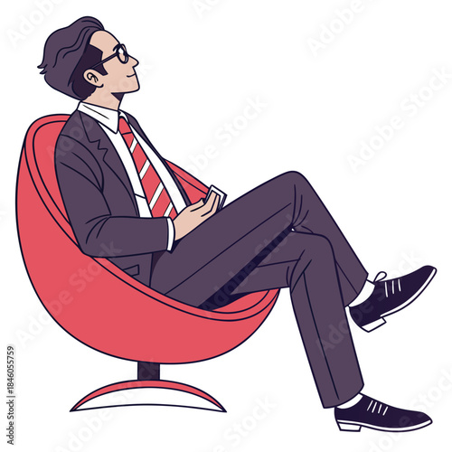 Thoughtful businessman in suit and glasses sitting in a modern red armchair