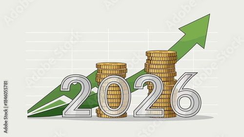Silver 2026 numbers with stacked gold coins showing an ascending graph and sharp green upward arrow, concept for financial forecast, economic success and investment planning
