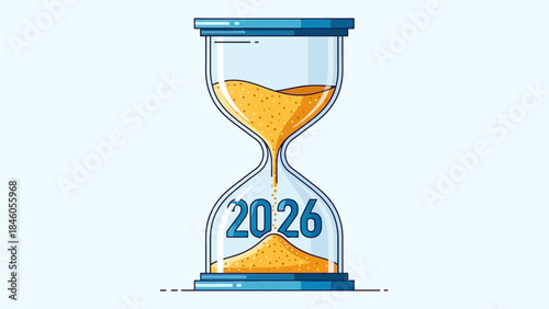 Detailed vector illustration of a transparent hourglass with blue accents, containing flowing yellow sand and the number 2026, concept for time management, countdown deadlines and new year planning