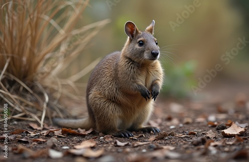 Small potoroo stands on forest floor in dry leaves, grass. This rare marsupial native to Australia has rodent like features, small ears, soft brown fur. Wildlife conservation needs attention.