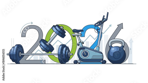 Stylized 2026 design using barbell, dumbbell, exercise bike and kettlebell on white background, showing progress graphs, concept for gym marketing, annual health reports and fitness trend forecasts