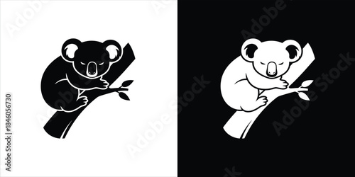 Cute Koala Bear Sitting on a Tree Branch - Black and White Illustration