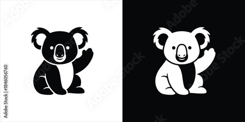 Simple Black and White Illustration of a Friendly Waving Koala