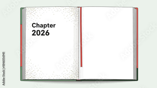 Vector open book showing "Chapter 2026" text, golden glitter accents on white pages and a red bookmark, concept for new year resolution, academic planning and personal journaling